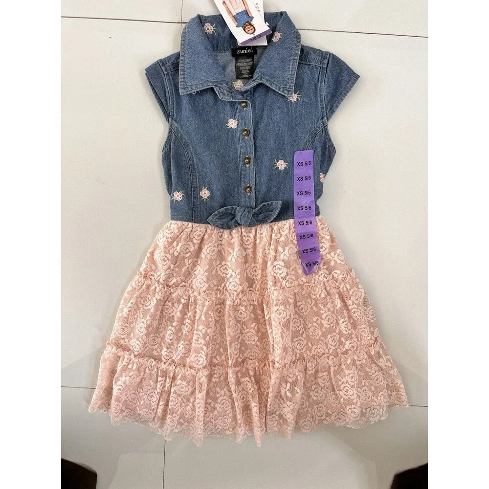 ZUNIE Girls Denim and Floral Pink Dress Denim Size XS 5/6 NEW Casual Party Cute